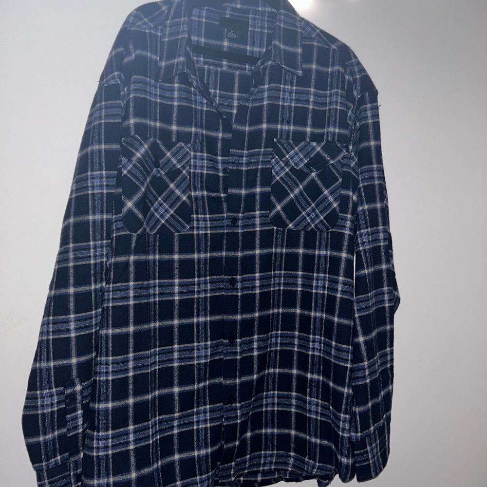 Blue and White Plaid Flannel Shirt